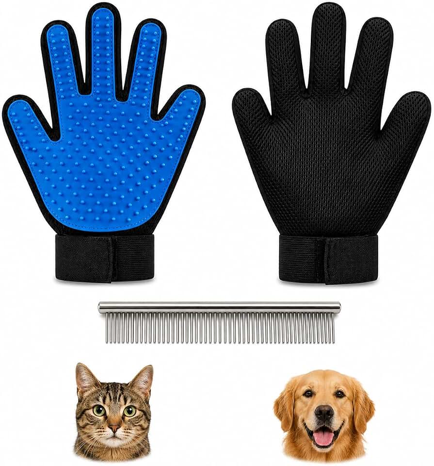 2 Guantes Quitapelos + Peine de Acero Inoxidable